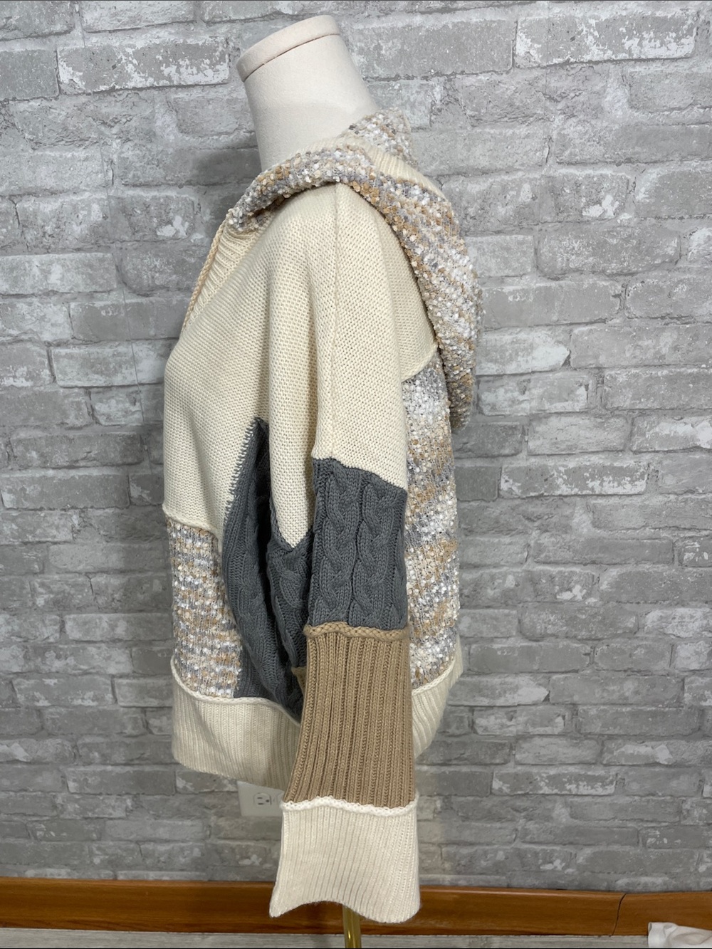 POL Patchwork Hooded Cardigan in Cream, Gray & Tan - Picture 3 of 7